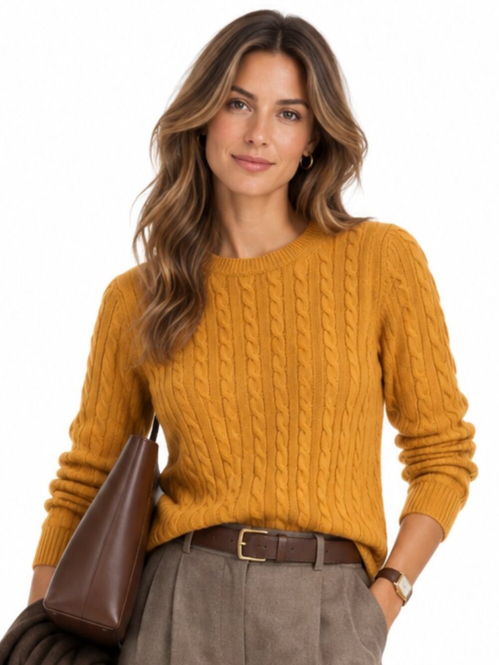 Massimo Dutti Women's Mustard Wool Cashmere Cable Knit Sweater (Size XS)